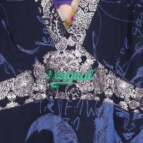 Y2K Desigual Dress Women EU L/US Medium Mixed Print Blue Graphic Silver V Neck - Picture 4 of 10